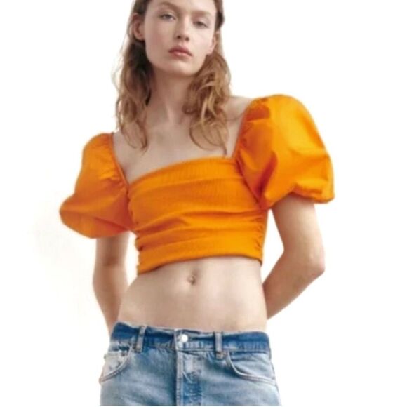 Zara Neon Orange Puff Sleeve Ruched Crop Top - Picture 2 of 9